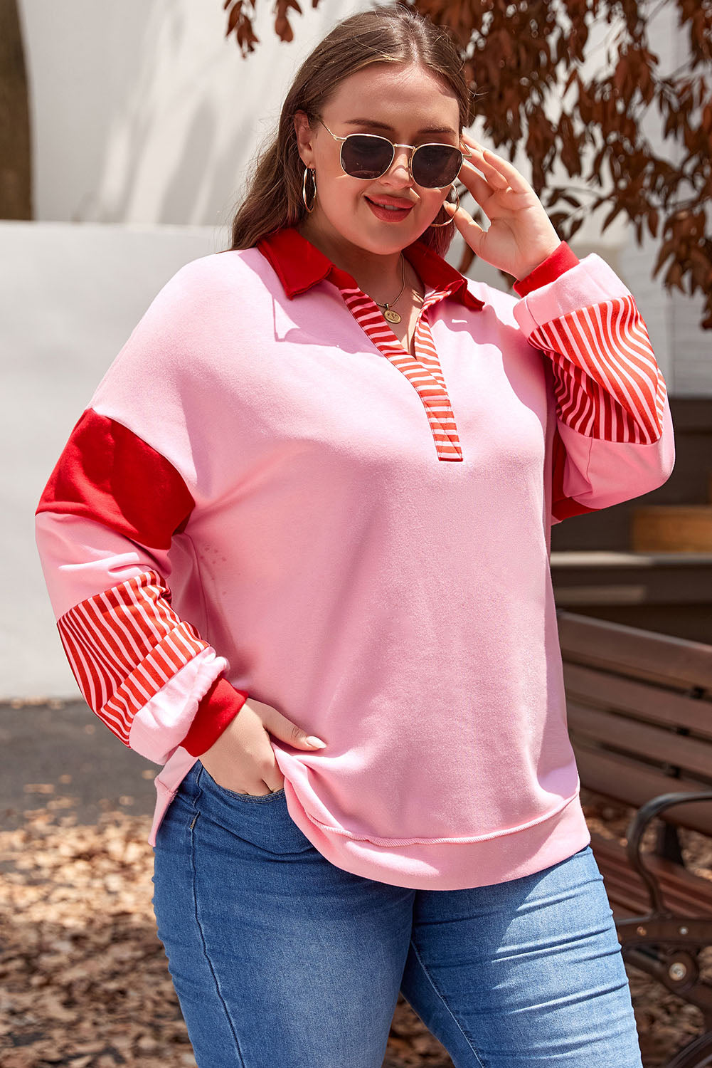 Striped Patchwork Side Split Collared Plus Size Sweatshirt | Rose