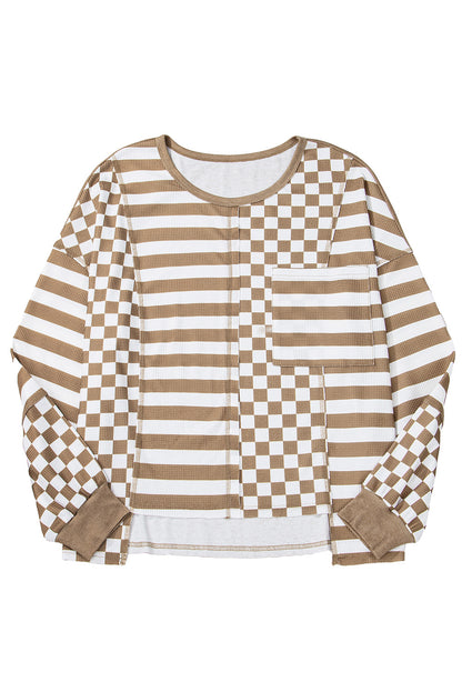 Checkerboard Striped Patchwork Lantern Sleeve Pocketed Blouse | Khaki