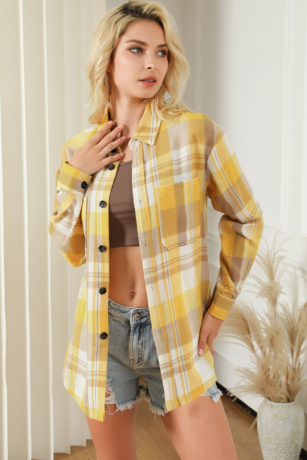 Plaid Button Up Patch Pocket Shirt | Yellow