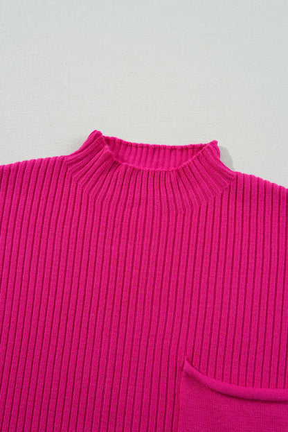 Patch Pocket Ribbed Knit Short Sleeve Sweater | Rose Red