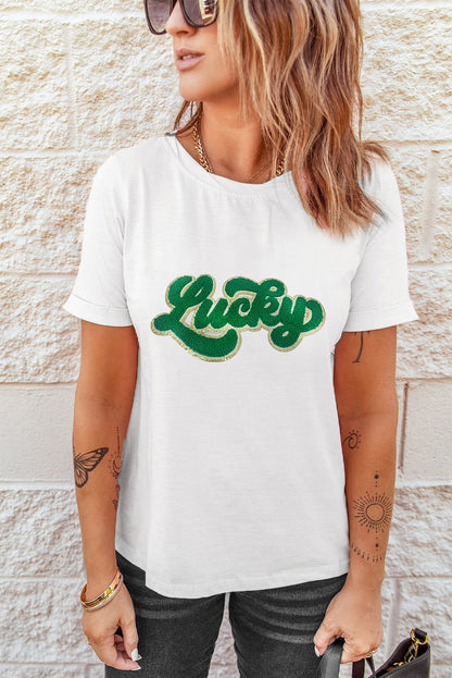 St. Patrick Lucky Chenille Glitter Patched Graphic T Shirt | White