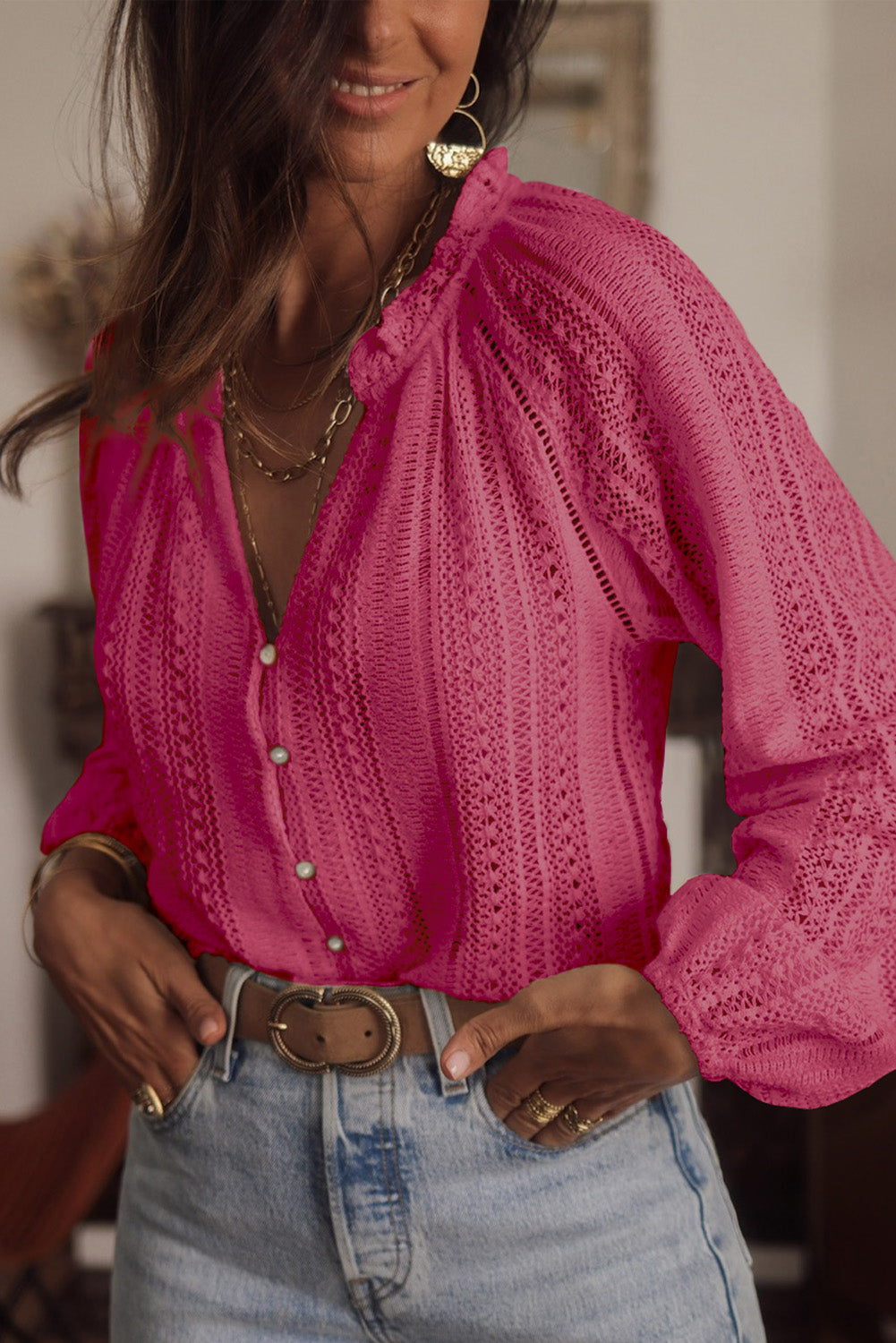 V-Neck Long Sleeve Button Up Lace Shirt | Rose