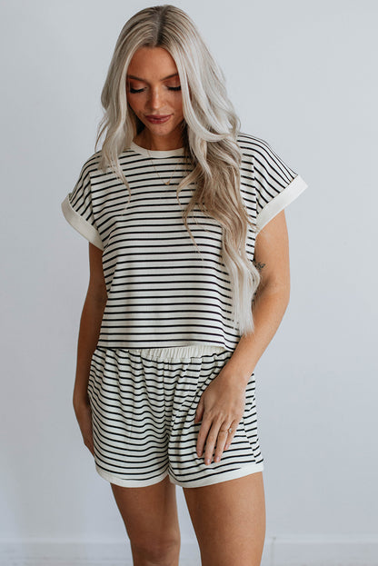 Contrast Edge Tee And Shorts Set | White Stripe