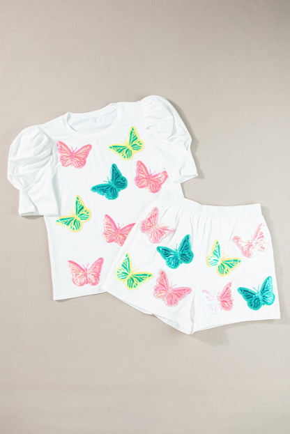 Colourful Sequin Butterfly Puff Sleeve Top Shorts Set | White