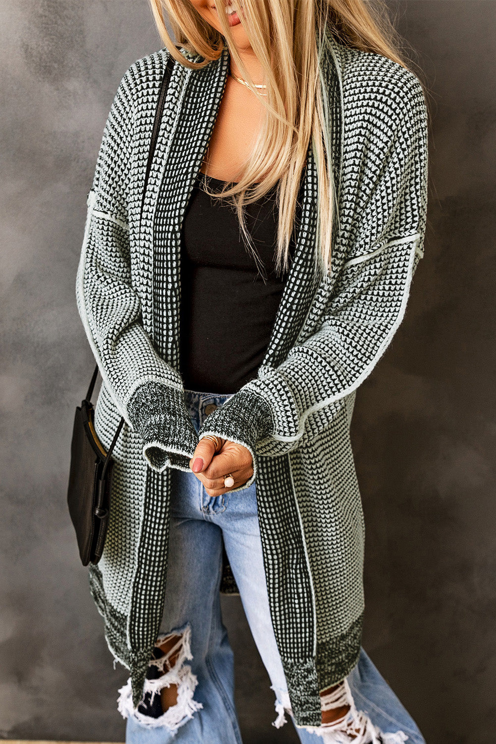 Plaid Knitted Long Open Front Cardigan | Gray