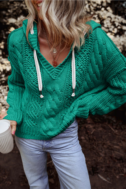 Cable Knit V Neck Contrast Drawstring Hooded Sweater | Sea Green