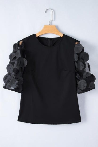 Contrast Applique Mesh Half Sleeve Blouse | Black