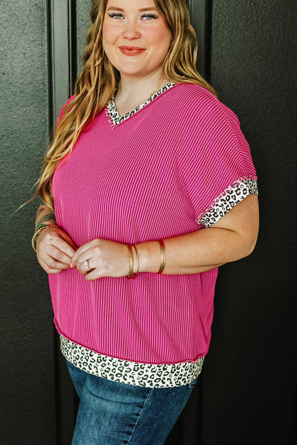 Leopard Trim V Neck Short Sleeve Plus Size Corded Top | Rose Red