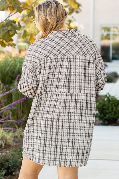 Plus Size Plaid Buttoned Raw Hem Tunic Shirt Dress | White Stripe