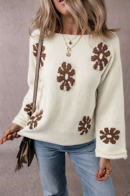 Colourblock Floral Pattern Round Neck Sweater | White