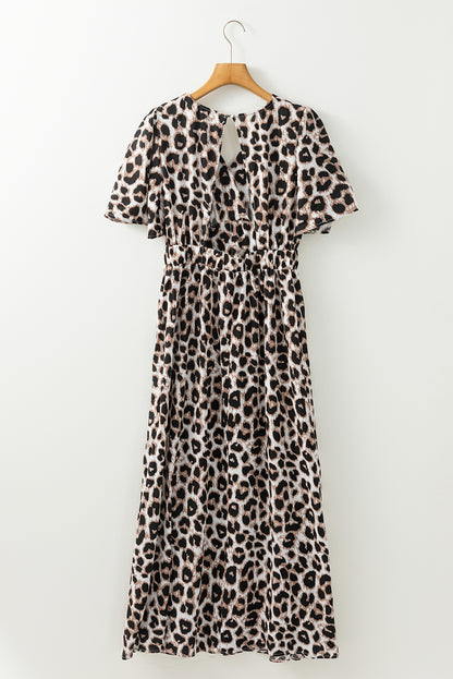 Leopard V Neck Cinched High Waist Open Back Maxi Dress | Khaki