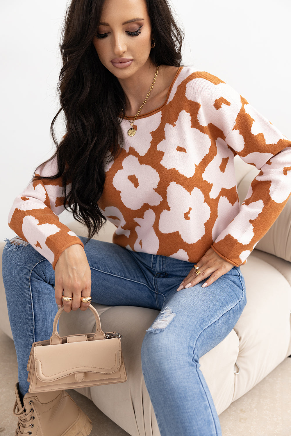 Floral Pattern Crew Neck Long Sleeve Loose Sweater | Brown