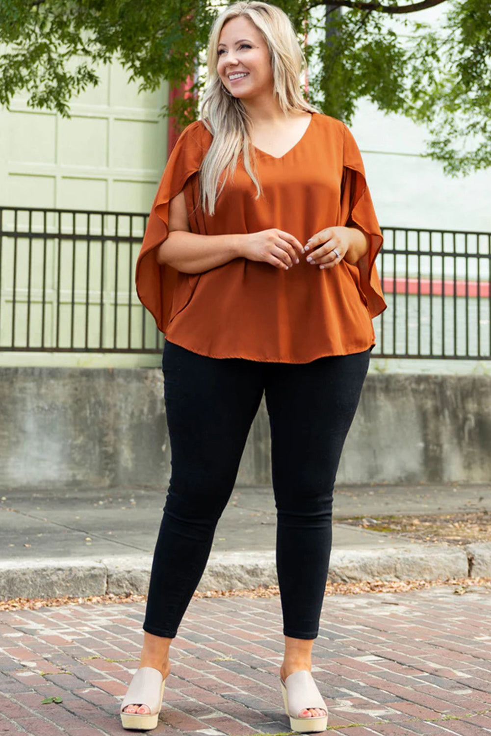 Plus Size Solid Wrapped Ruffled Sleeve V Neck Blouse | Gold Flame