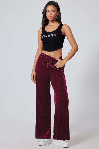 Solid Drawstring Waist Wide Leg Pants | Burgundy