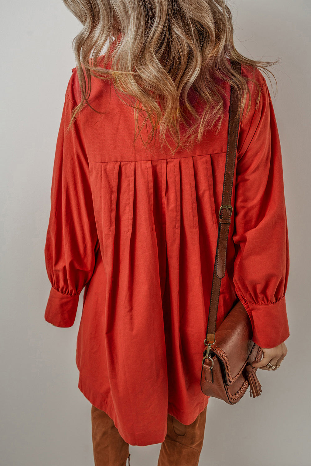 Bishop Sleeve Button Up Pleated Mini Shirt Dress | Tomato Red