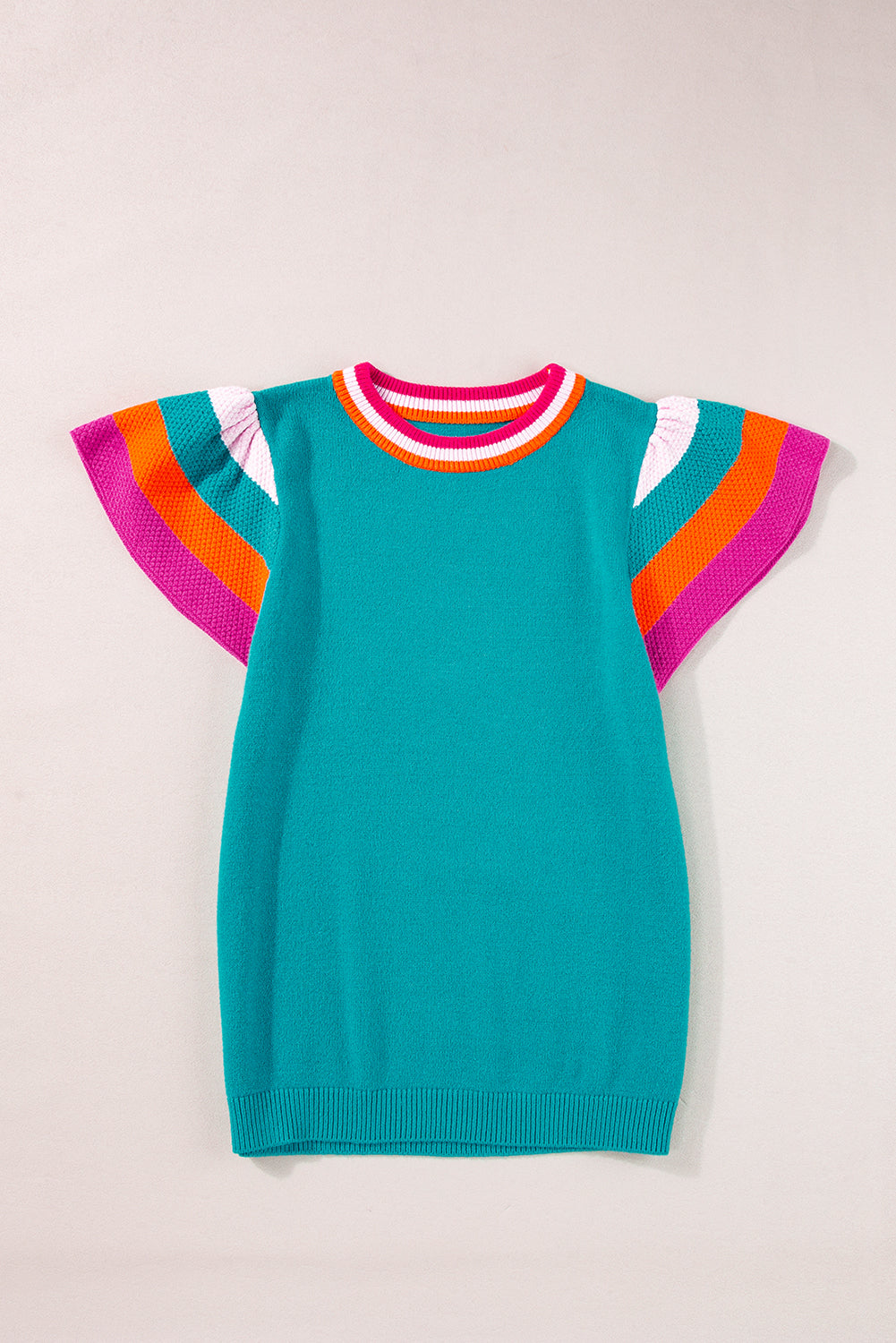 Contrast Flutter Sleeves Knitted Sweater T Shirt | Turquoise