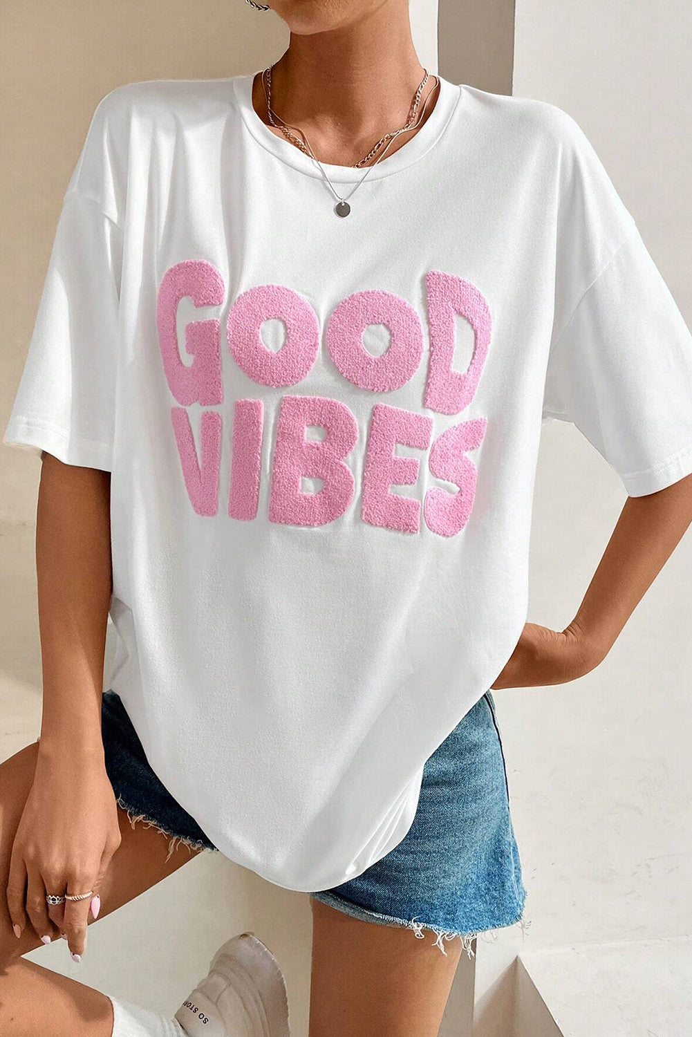 Good Vibes Chenille Embroidered Crewneck T Shirt | White