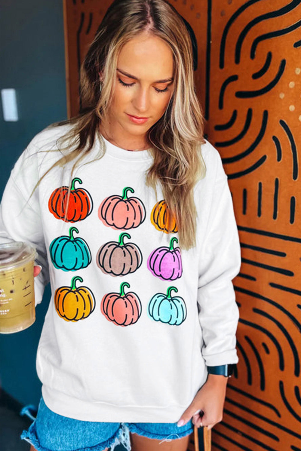 Vibrant Pumpkins Print Crew Neck Halloween Sweatshirt | Beige