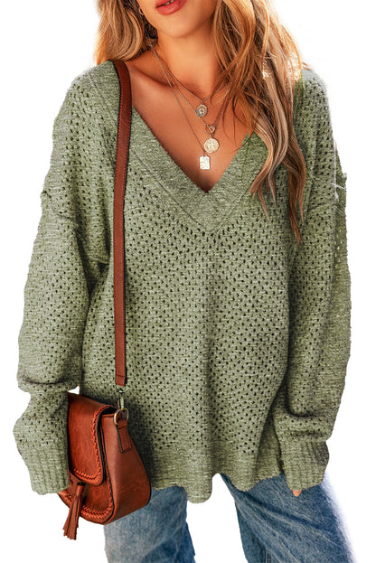 Loose Eyelet V Neck Drop Shoulder Sweater | Jungle Green