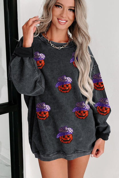 Sequined Halloween Pumpkin Ribbed Oversized Sweatshirt | Black