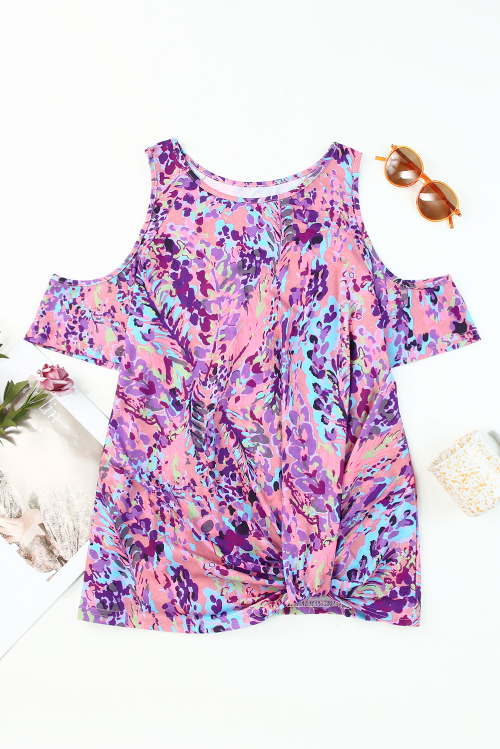 Lavender Floral Print Cold Shoulder Blouse | Multicolour