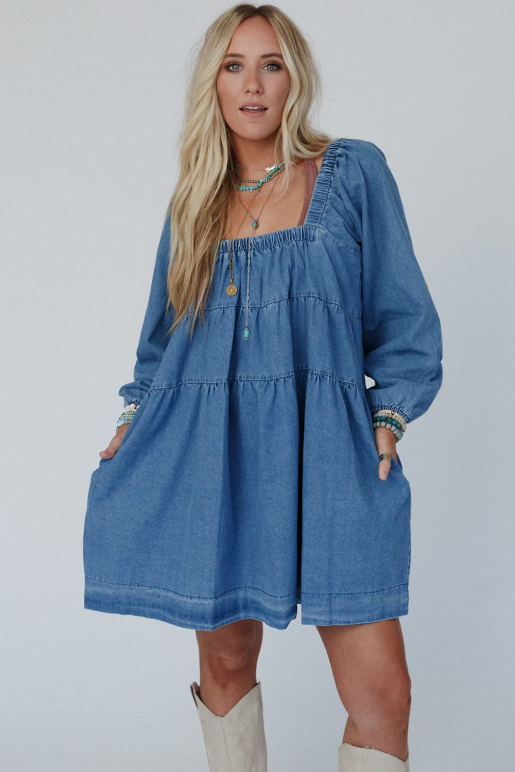 Square Neck Side Pockets Loose Fit Denim Mini Dress | Dusk Blue