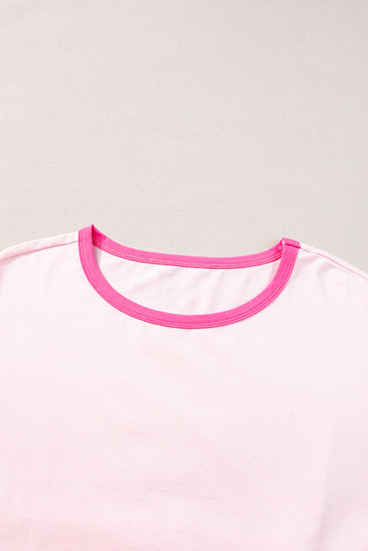 Colour Block Half Sleeve O Neck Plus Size T Shirt | Pink