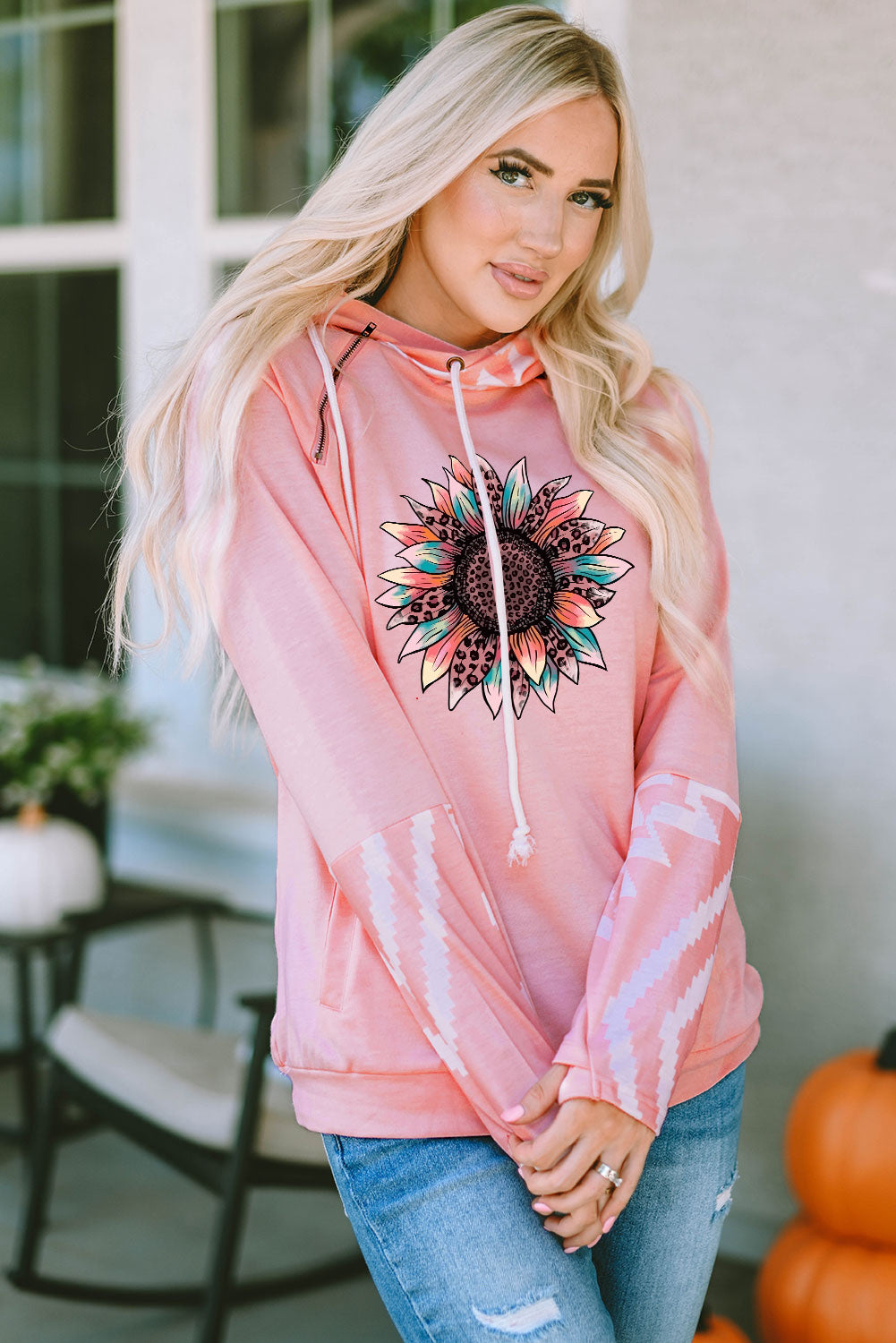 Leopard Sunflower Aztec Print Drawstring Hoodie | Pink