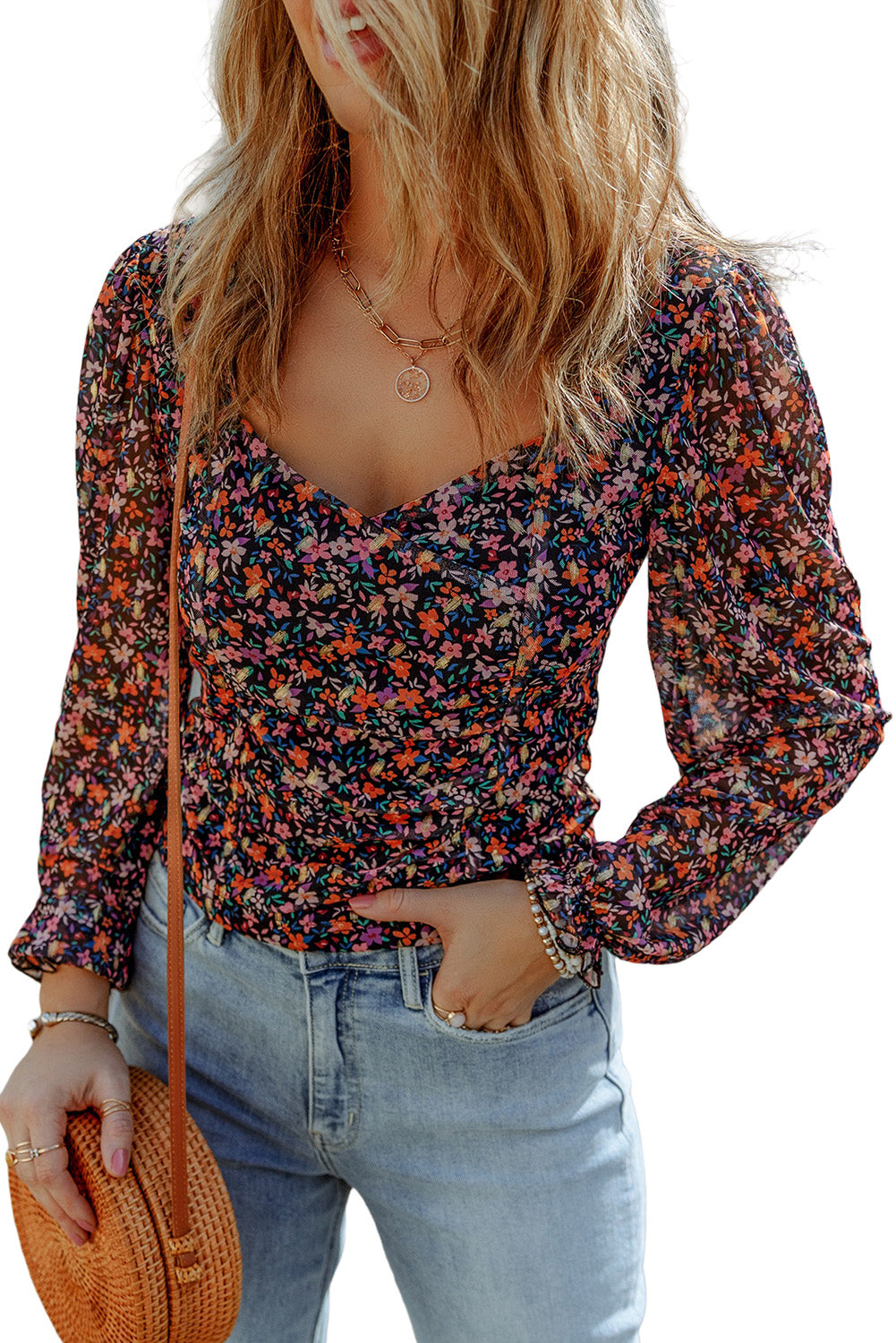 V Neck Bubble Sleeve Floral Blouse | Black