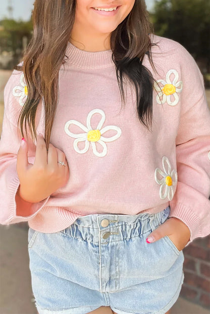 Chenille Daisy Stitching Crew Neck Sweater | Pink