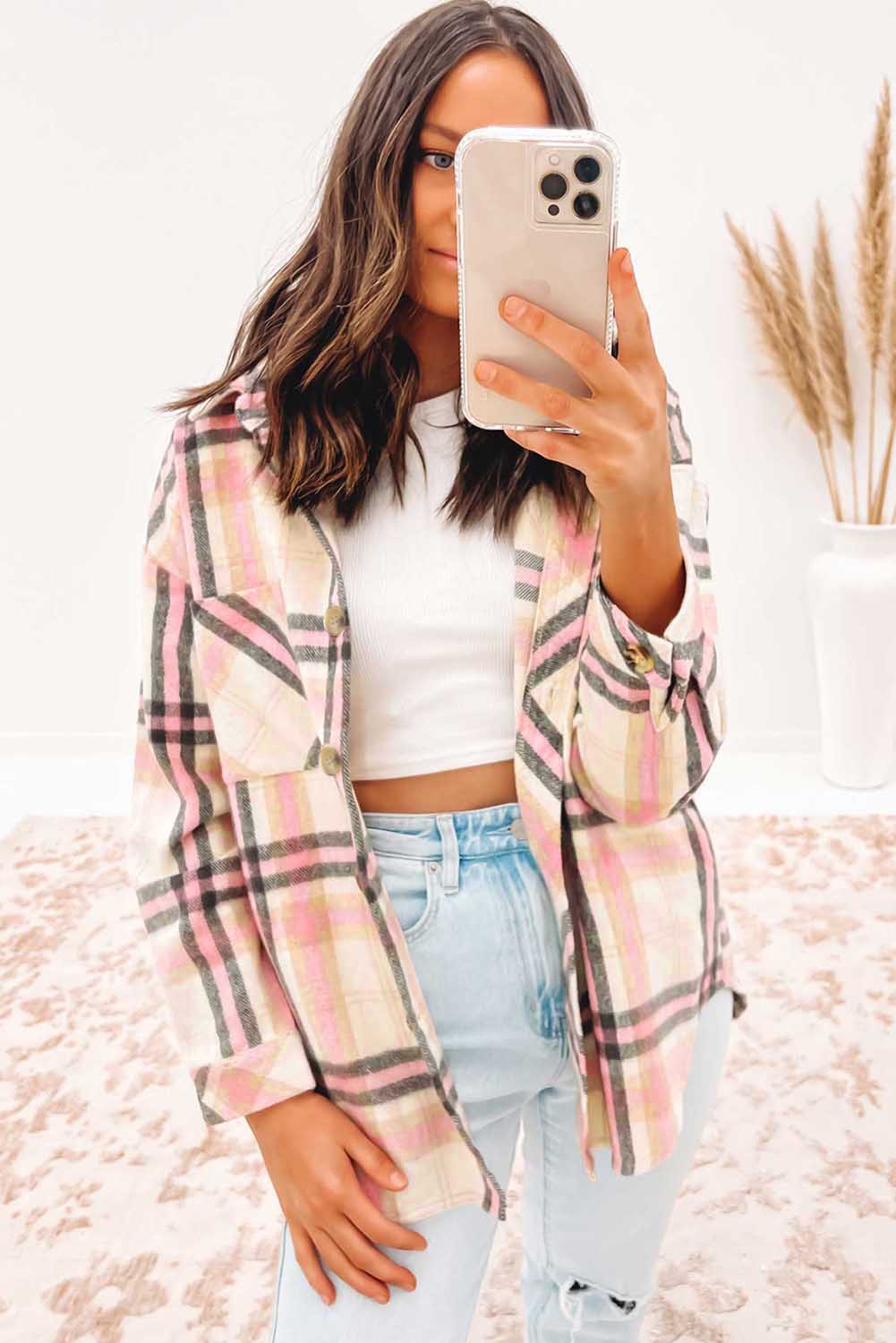 Plaid Button Front Chest Pocket Shacket | Pink