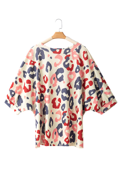 Colourful Leopard Print Batwing Sleeve Plus Blouse | White