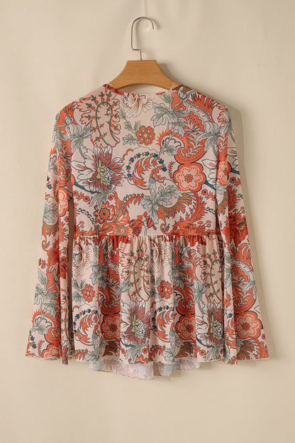 Floral Print Deep V Neck Knot Bell Sleeve Blouse | Orange