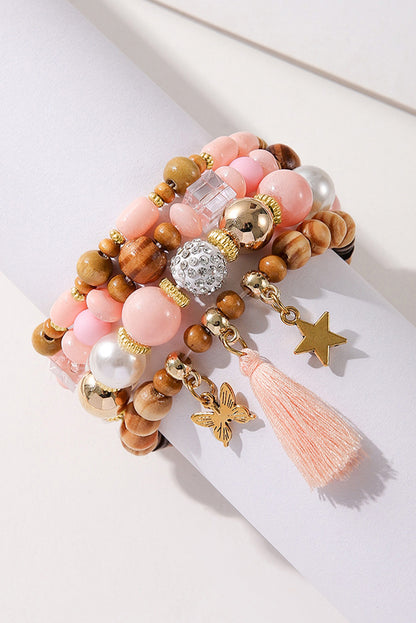 4Pcs Butterfly Star Pendant Tassel Beaded Bracelet Set | Pink