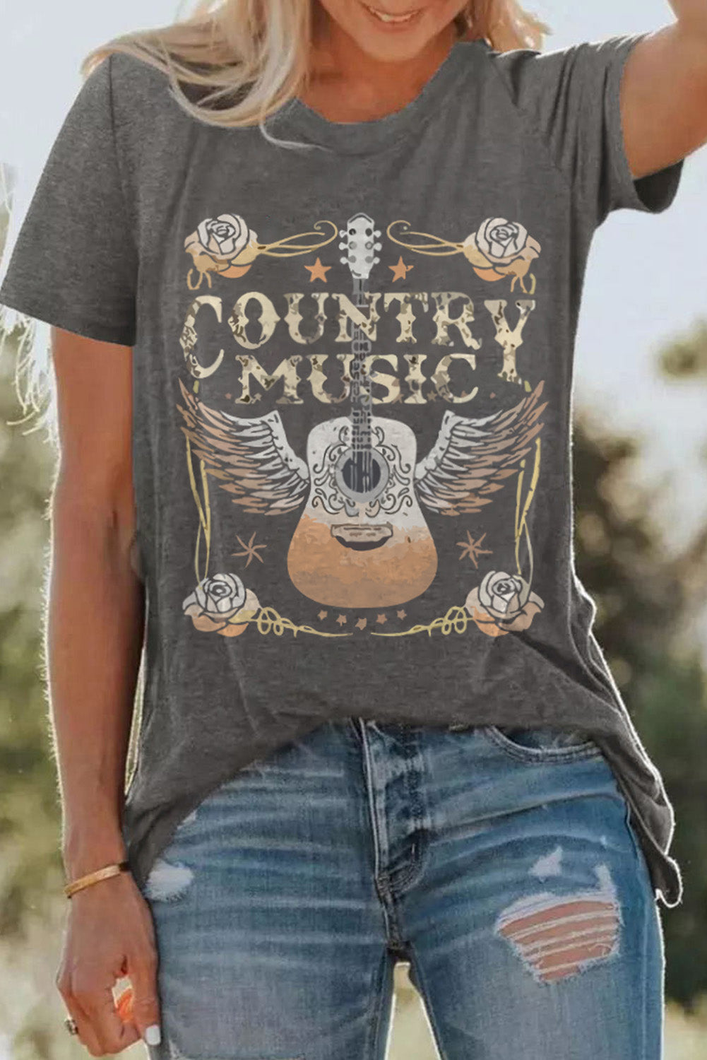 Country Music Guitar Graphic Print Crew Neck T Shirt | Gray