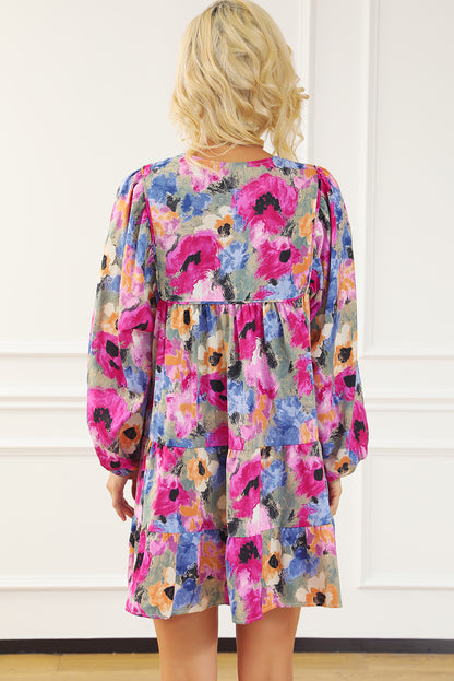 Floral Tie Neck Bubble Sleeve Shift Dress | Multicolour