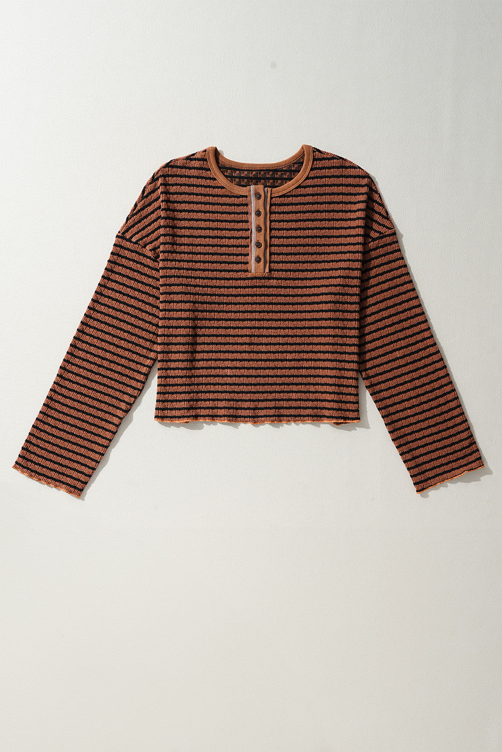 Textured Frilly Trim Buttons Henley Long Sleeve Top | Brown Stripe