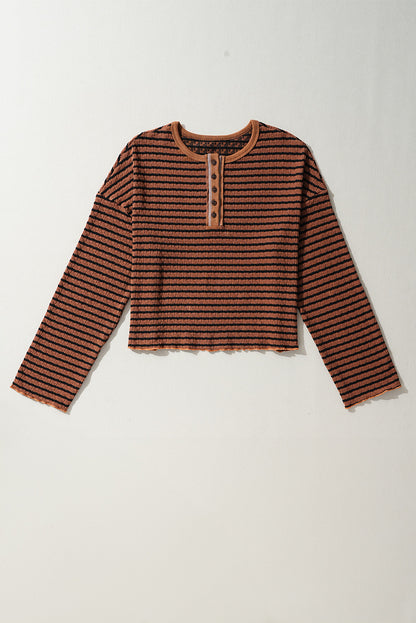 Textured Frilly Trim Buttons Henley Long Sleeve Top | Brown Stripe