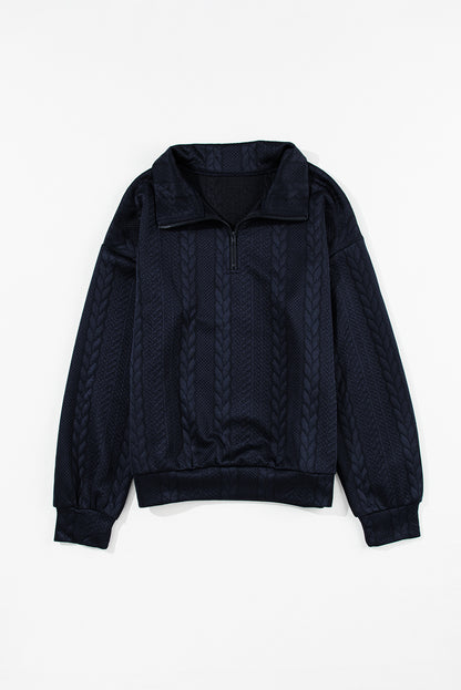 Zip Up Cable Textured Sweatshirt | Navy Blue