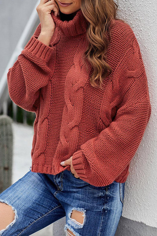 Fiery Red Cuddle Weather Cable Knit Handmade Turtleneck Sweater