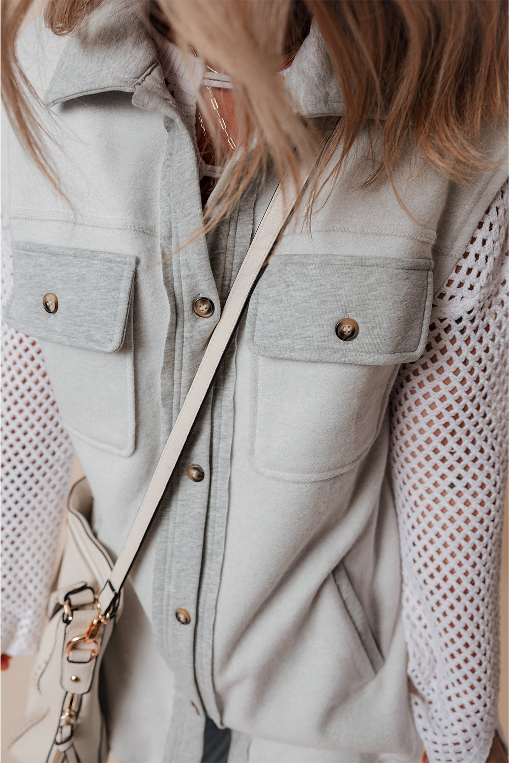 Flap Pockets Contrast Buttons Front Jacket Vest | Light Grey