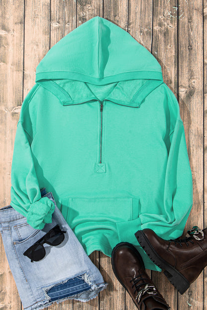 Solid Kangaroo Pocket Half Zipper Oversized Hoodie | Aruba Blue