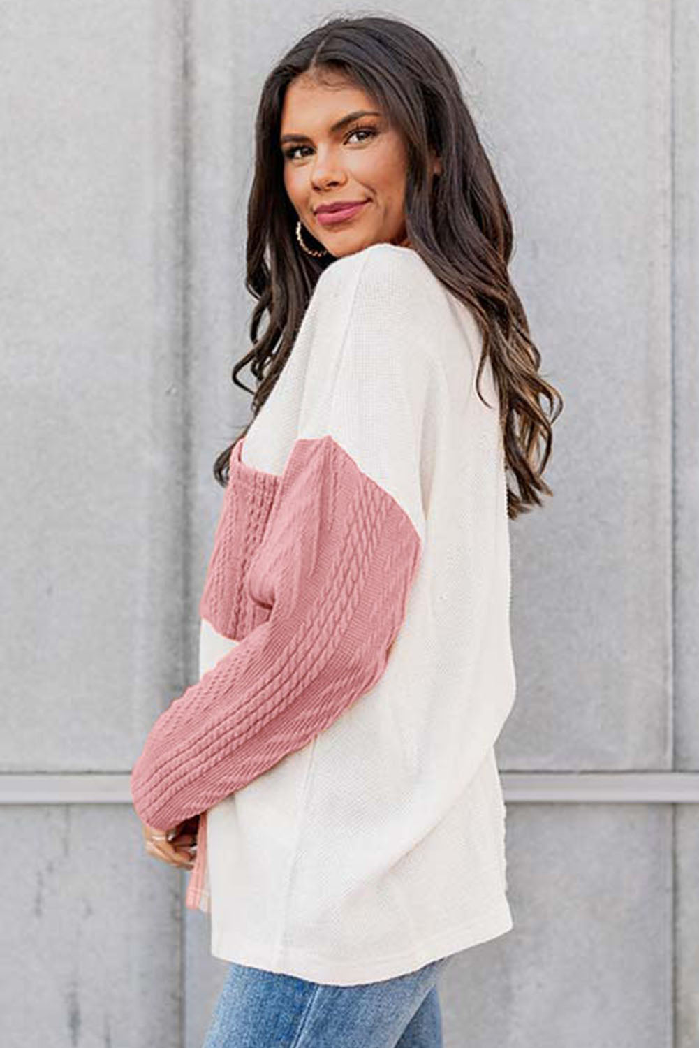 Long Sleeve Colourblock Chest Pocket Textured Knit Top | Peach Blossom