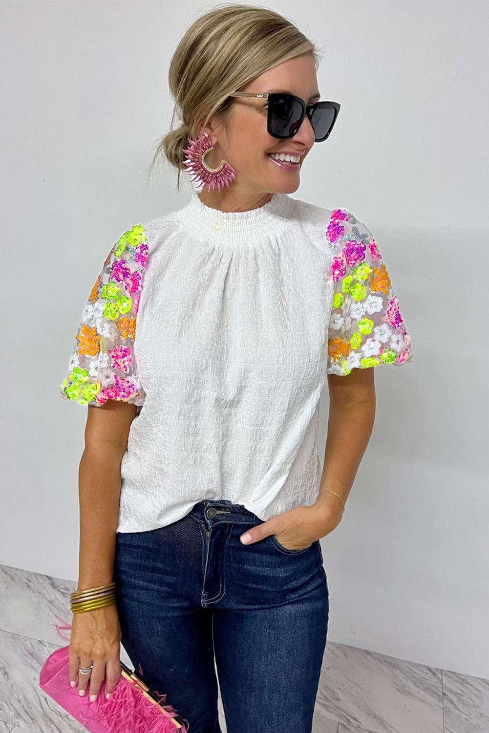 Smocked Collar Sequin Flower Puff Sleeve Textured Top | White