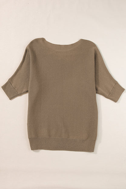 Round Neck Half Sleeve Ribbed Knit Top | Coffee