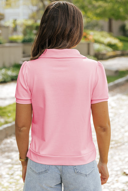 Sequin Bow Knot Patched Collared V Neck T Shirt | Pink