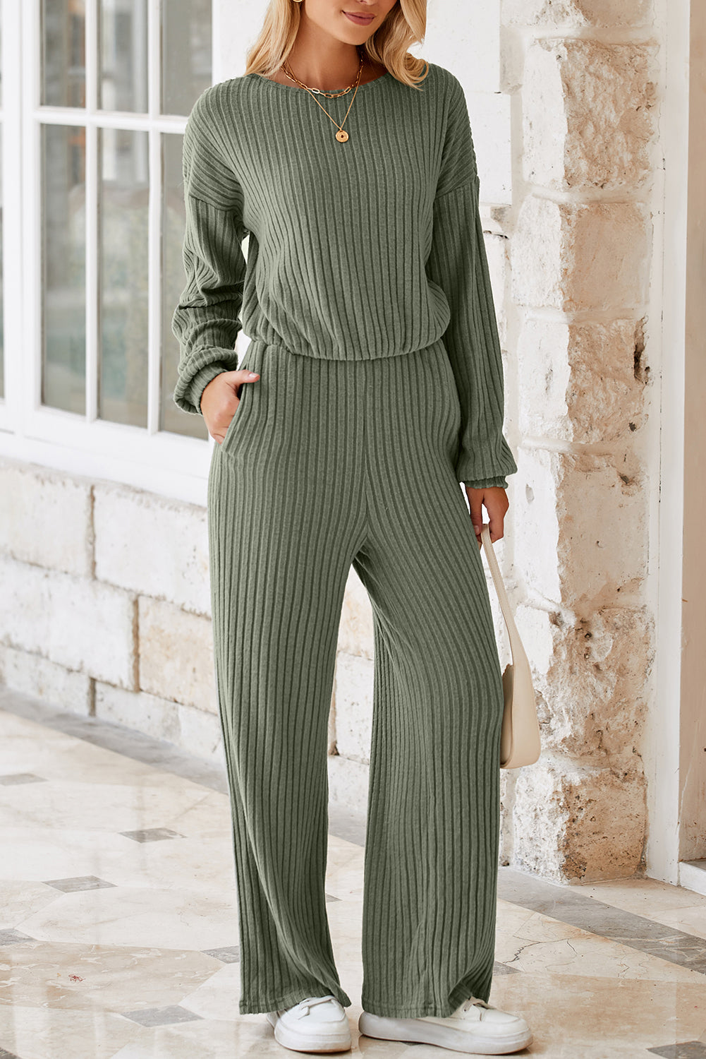 Solid Ribbed Knit Keyhole Back High Waist Jumpsuit | Laurel Green