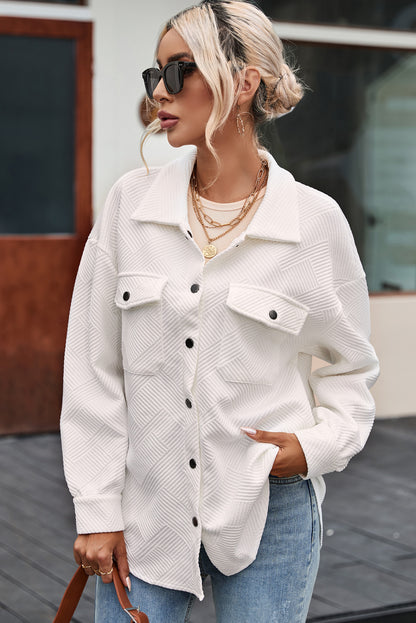 Solid Textured Flap Pocket Buttoned Shacket | Beige