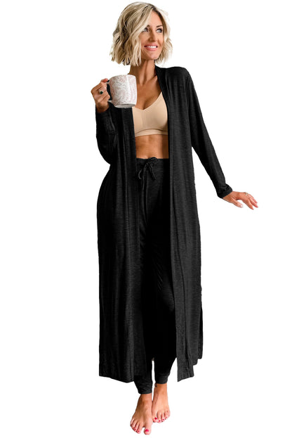 Split Long Cardigan And Skinny Pants Lounge Set | Black