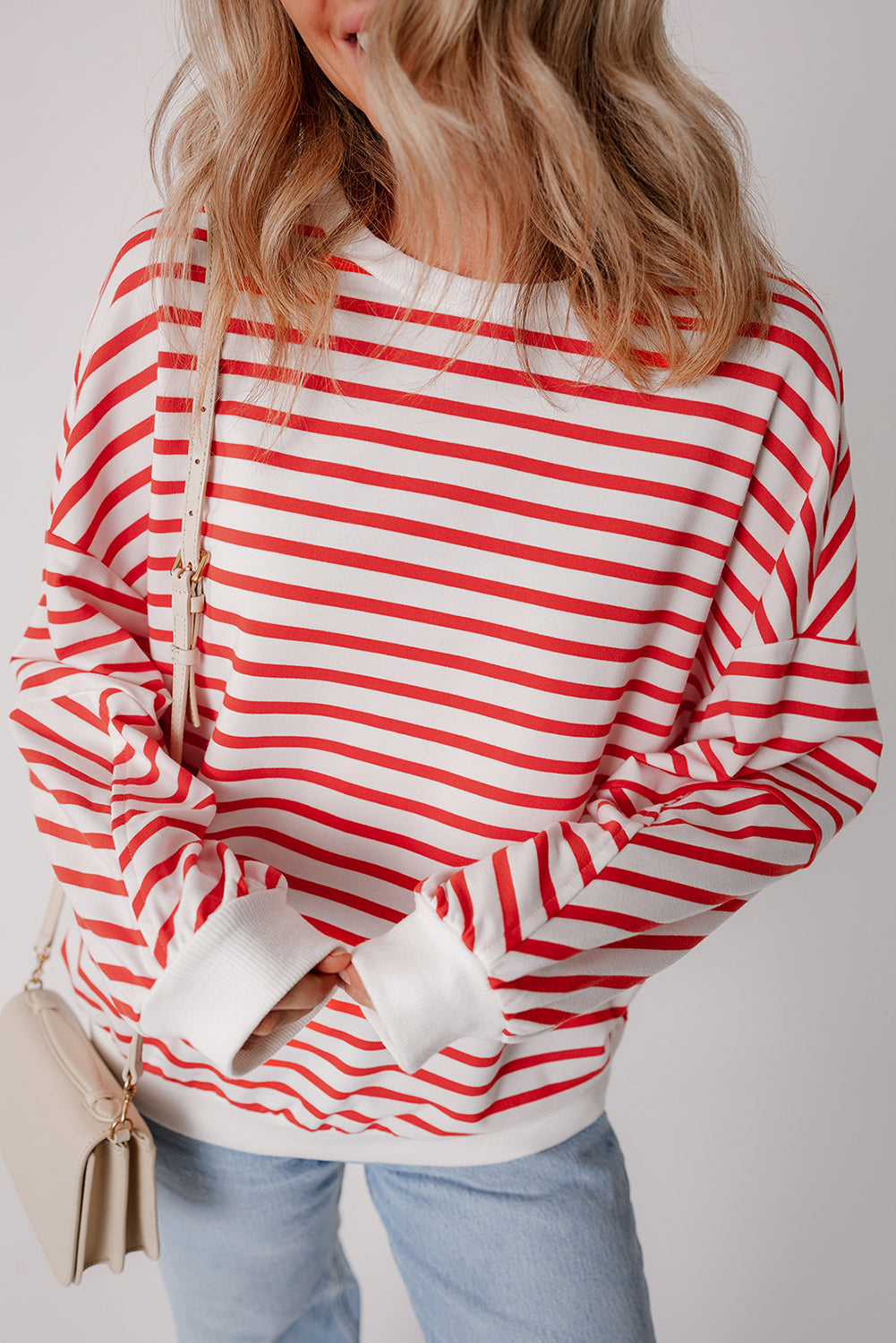 Drop Shoulder Crew Neck Loose Sweatshirt | Orange Stripe